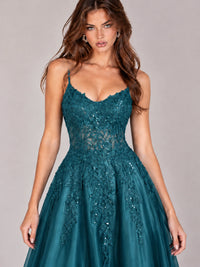 Lace Applique Satin A-Line Prom Dress with Sheer Bodice