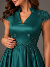 Lace Appliqué A-Line Satin Maxi Dress