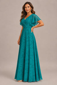 Jovellee Floral Chiffon A-Line Mother of the Bride Dress with Flutter Sleeves