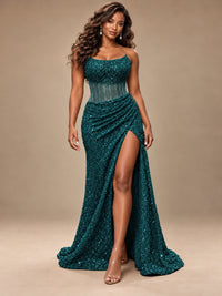 Gold Sequin Strapless Corset Prom Dress with High Slit