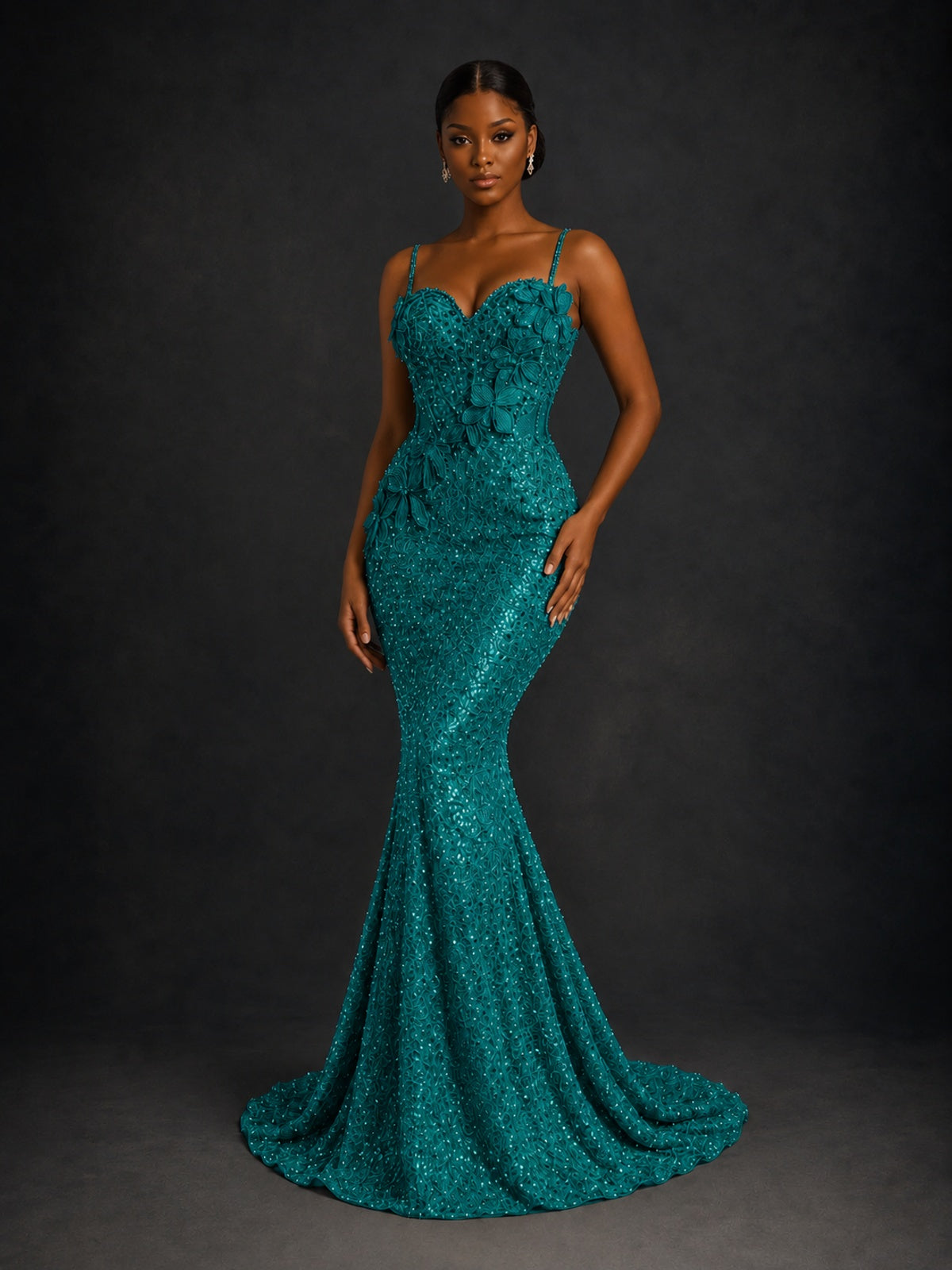 Sequin Mermaid Prom Dress with Floral Applique