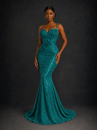 Sequin Mermaid Prom Dress with Floral Applique