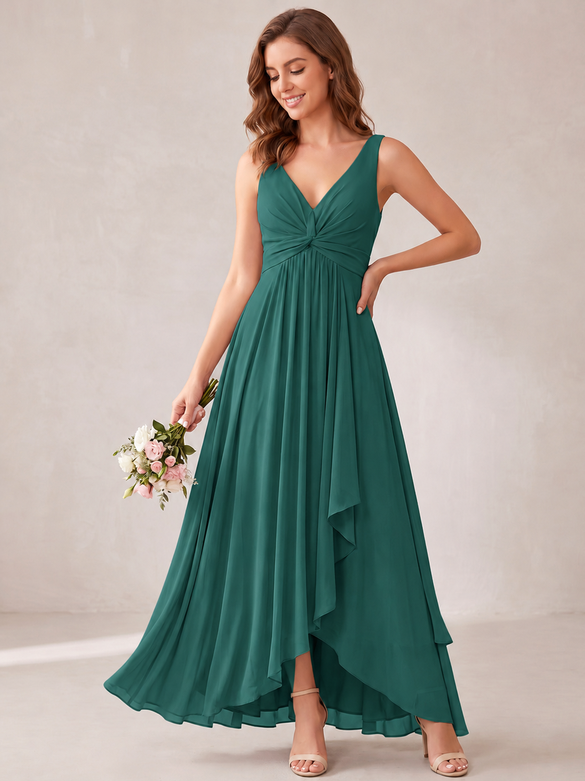 V-Neck High-Low Chiffon Bridesmaid Dress with Ruffles