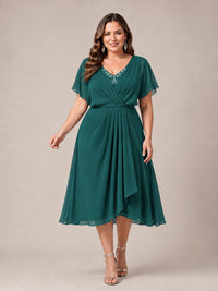 Navy Blue A-Line V-Neck Tea-Length Mother of the Bride Dress