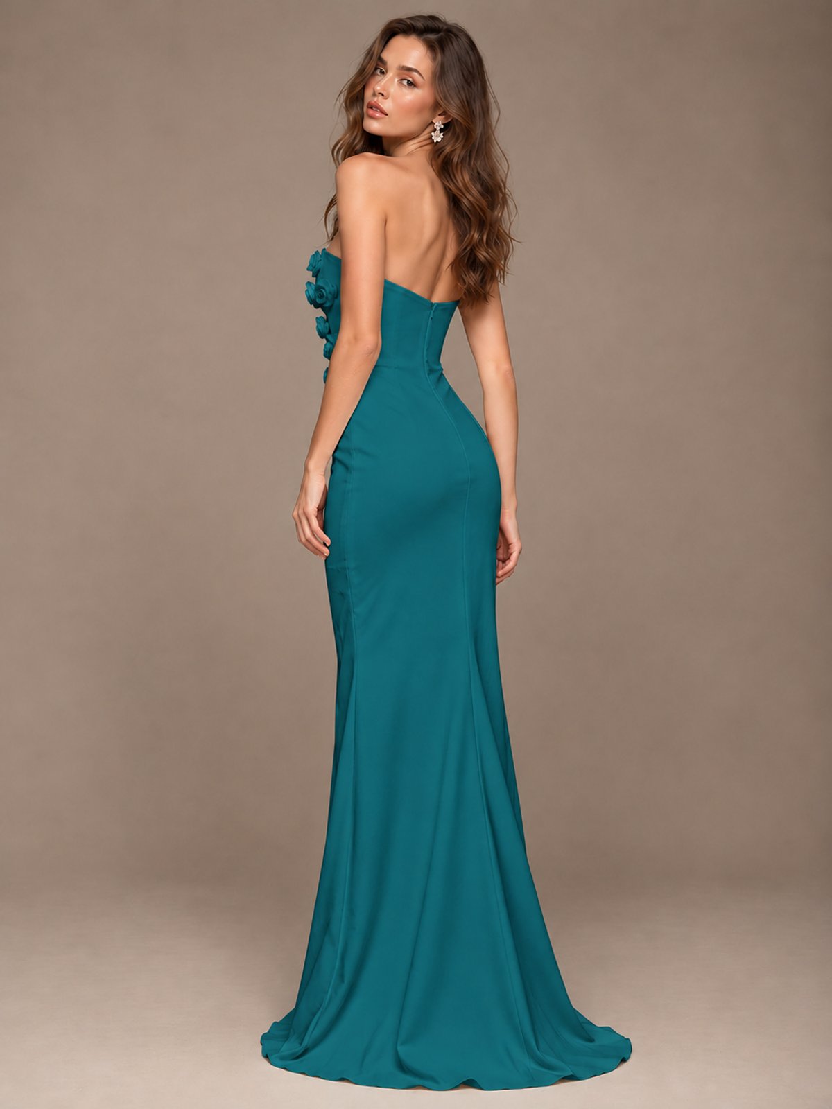 White Strapless Mermaid Maxi Dress with 3D Floral Appliques