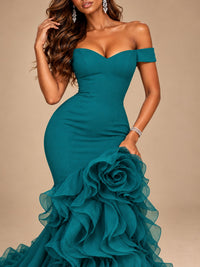 Dusty Blue Off-the-Shoulder Mermaid Prom Dress with 3D Rose & Ruffles