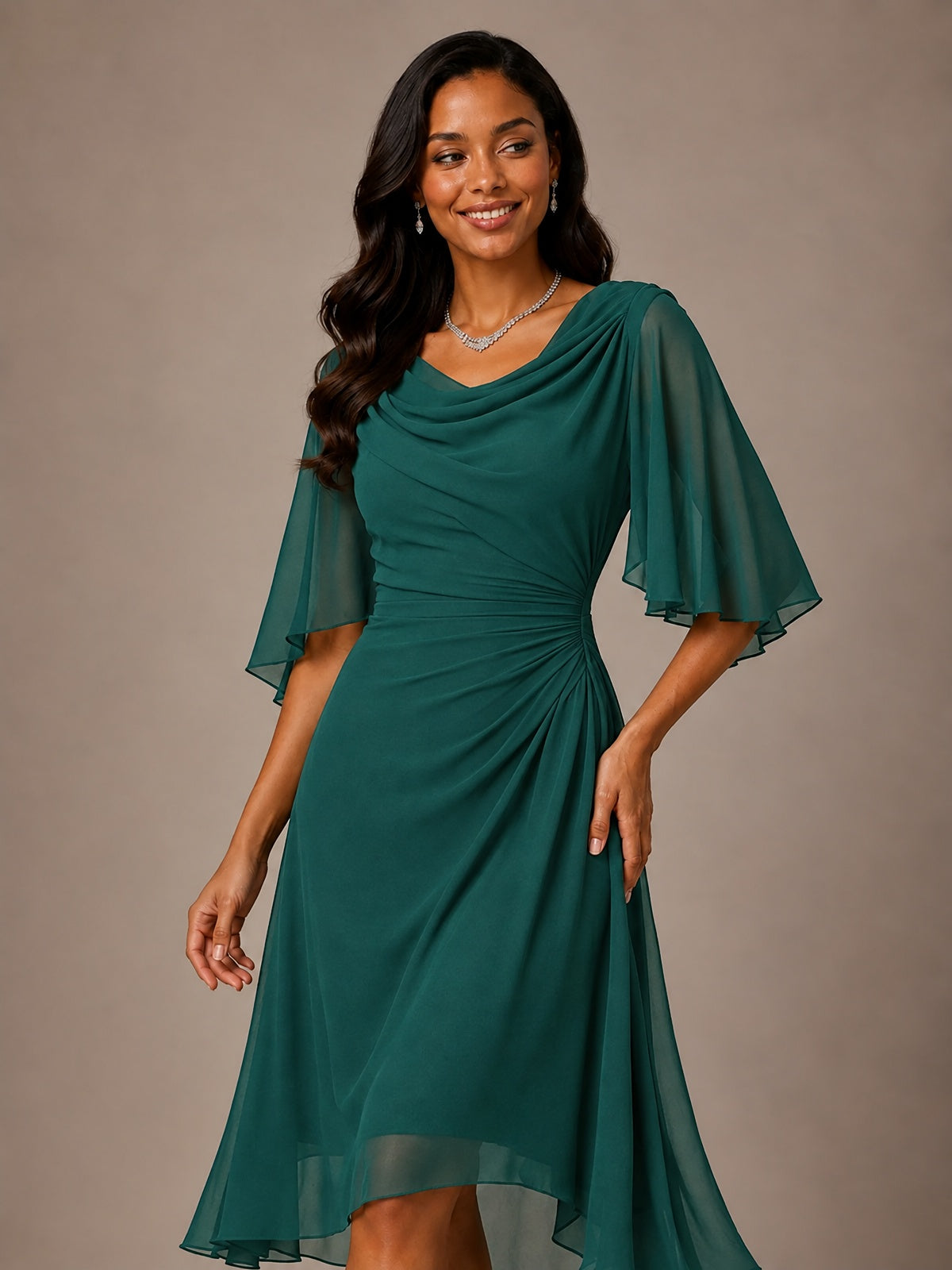 Cowl Neck Ruched Chiffon Mother of the Bride Dresses with Flutter Sleeves