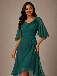 Cowl Neck Ruched Chiffon Mother of the Bride Dresses with Flutter Sleeves