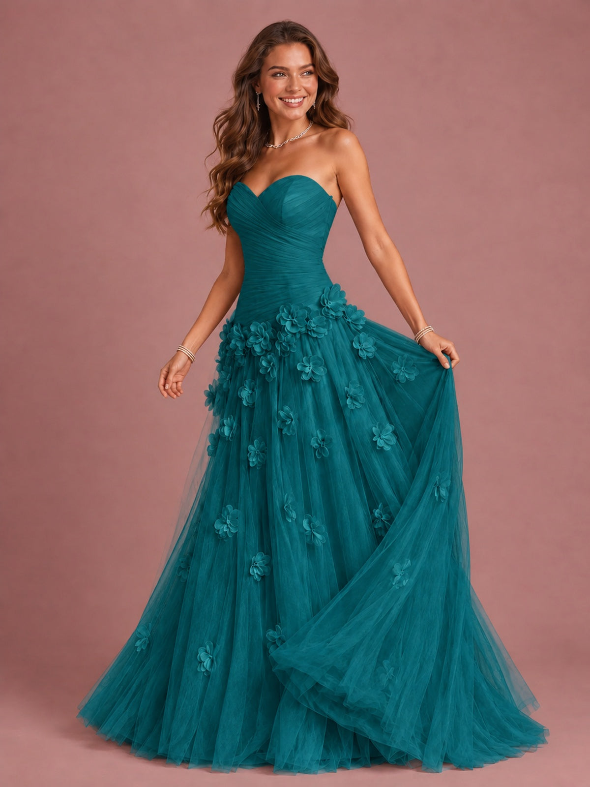 Blush Pink Strapless Sweetheart 3D Floral Tulle Ball Gown Prom Dres