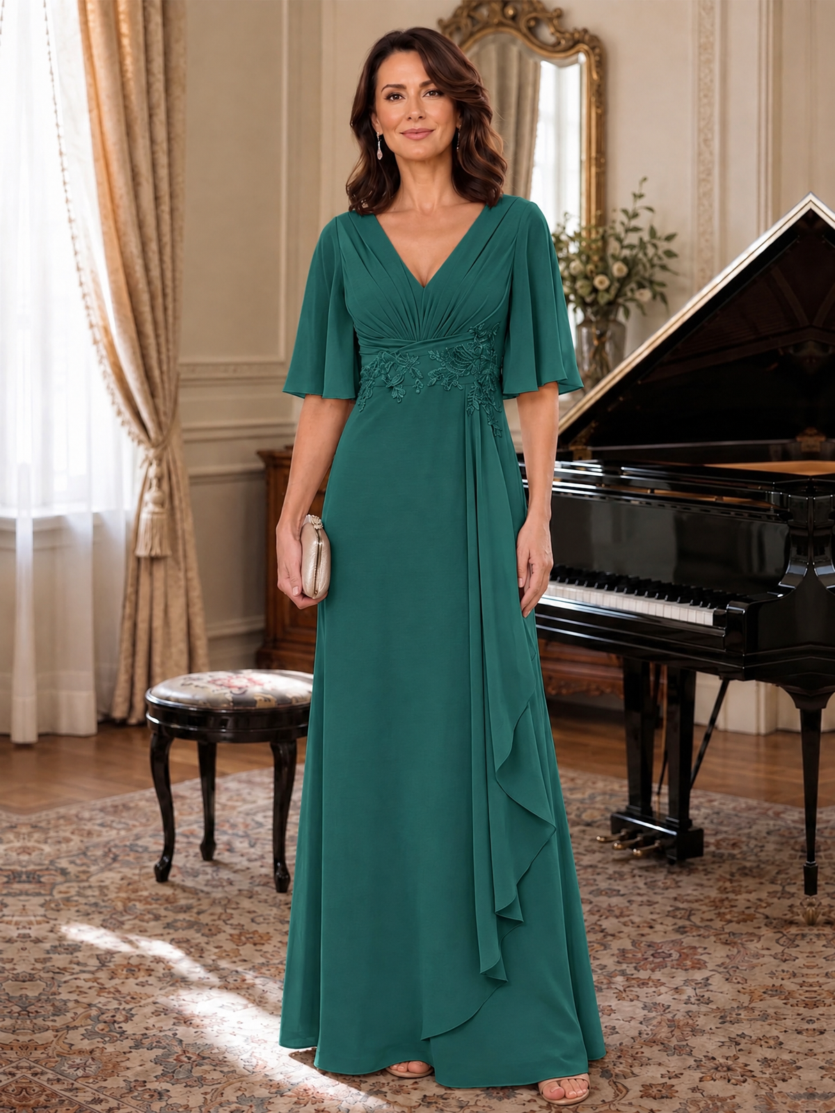 Teal V-Neck Chiffon Lace Mother of the Bride Dresses with Flutter Sleeve A-line Long Ruffled Evening Formal Wedding Guest Gown