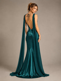 Burgundy Satin Mermaid Cape Maxi Dress