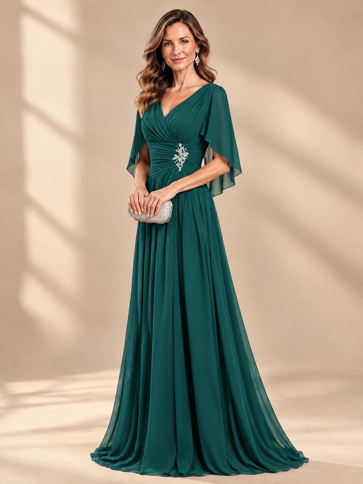 Ruched V Neck Mother of The Bride Dresses with Shawls Appliques and Cap Sleeves