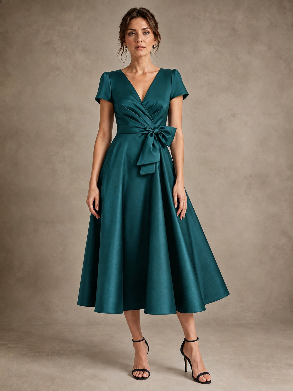 Teal V-Neck Tea-Length Satin Mother of the Bride Dress with Bow Jovellee