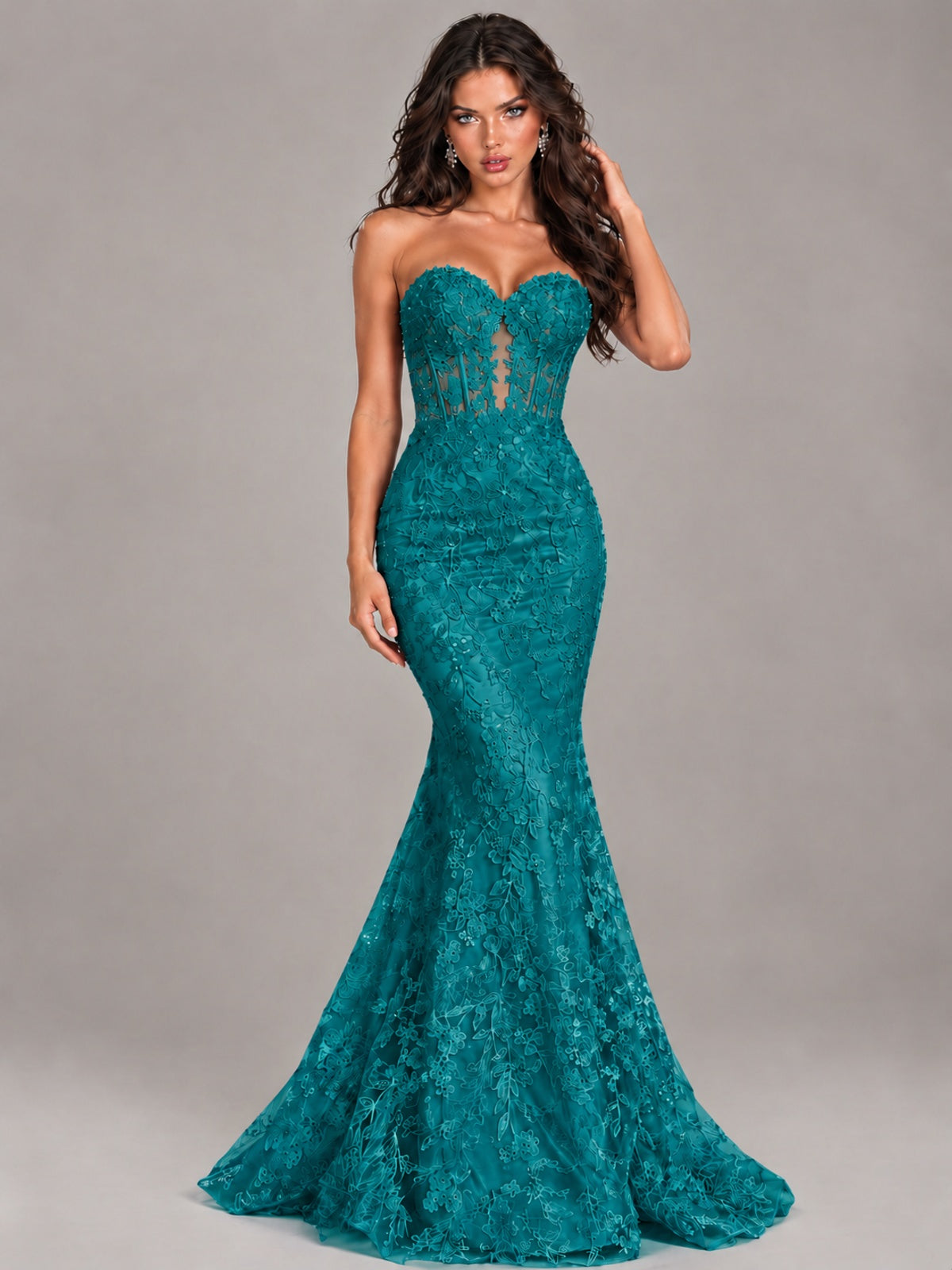 Strapless Corset Mermaid Prom Dress Lace Appliqué Formal Gown