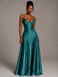 Lavender V Neck Satin Prom Dress with Spaghetti Straps