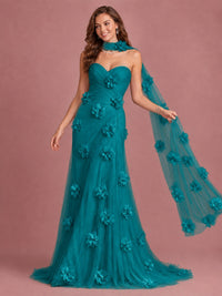 Blush Pink Strapless Sweetheart 3D Floral Tulle Mermaid Prom Dress