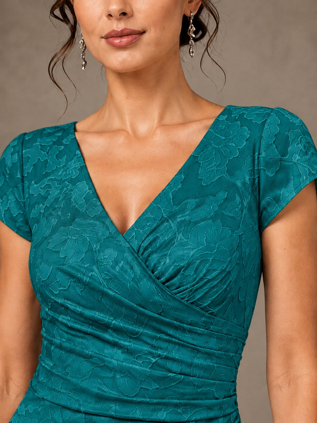 V-Neck Floral Jacquard Mother of the Bride Dress with Slit