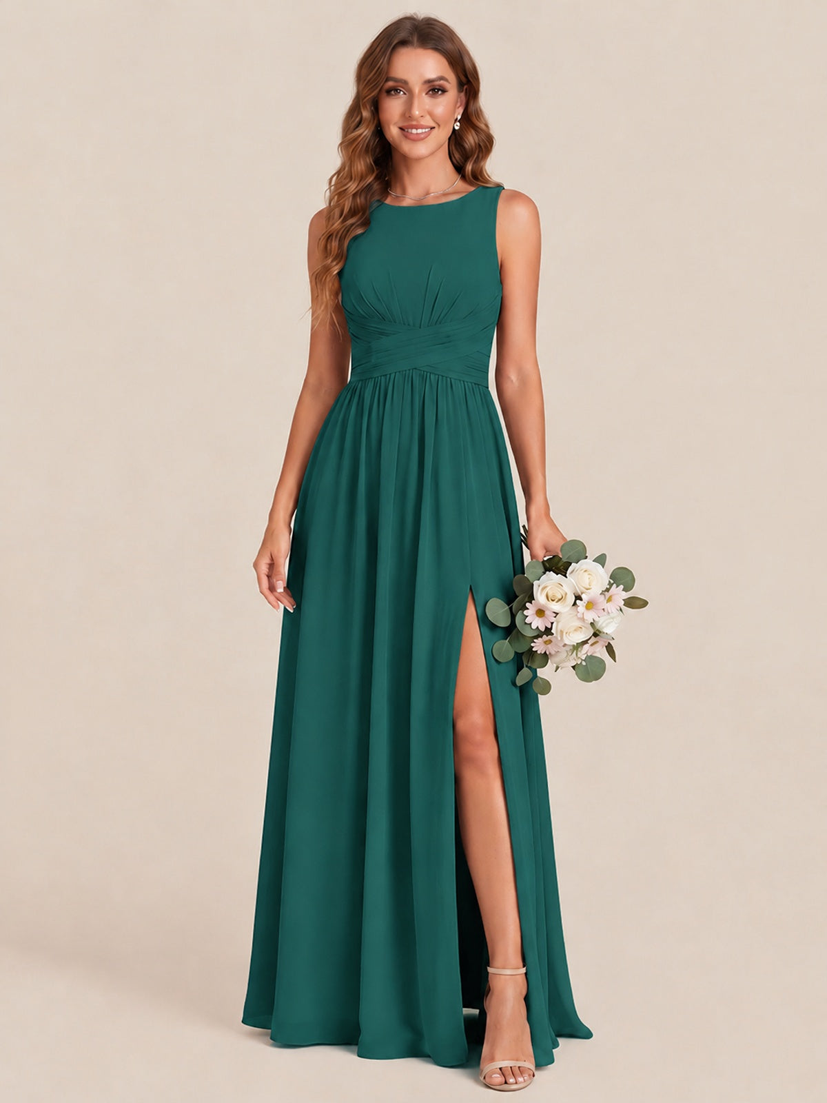 A-line Sleeveless Rucehd Chiffon Bridesmaid Dress with High Slit