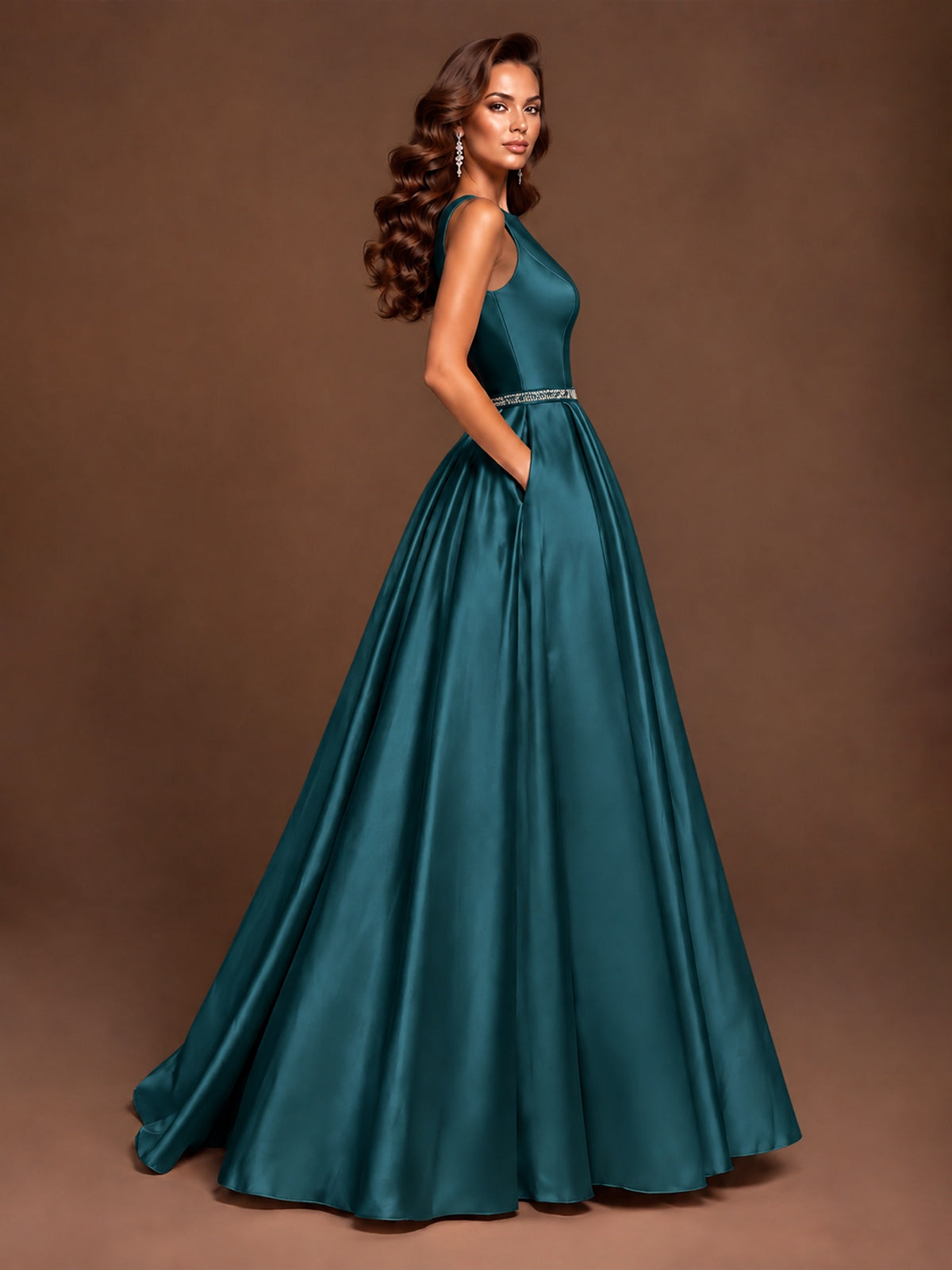 Satin A-Line Prom Dress Sleeveless Beaded Waist Formal Gown with Pockets
