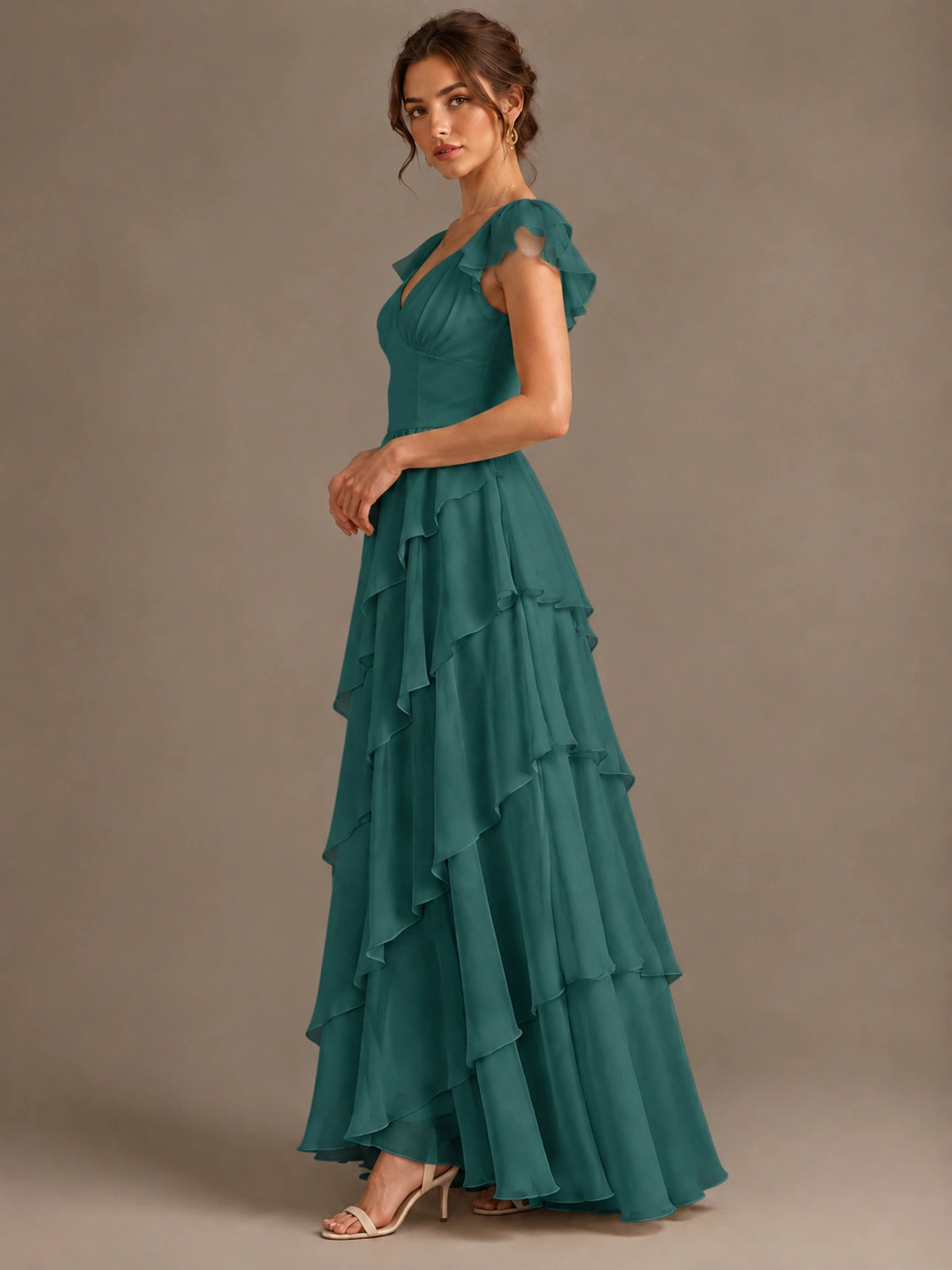Ruffle Tiered V Neck Maxi Dress