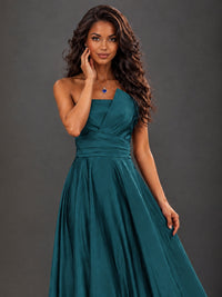 Draped Satin Prom Dress Strapless A-line Formal Dress Floor Length