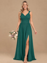 Pleated Chiffon V Neck Wedding Bridesmaid Dresses Floor Length with Slit