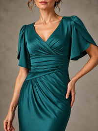 V-Neck Satin Mother of the Bride Dress with Flutter Sleeves