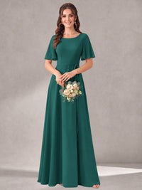 Scoop Neck A-line Chiffon Bridesmaid Dress with Flutter Sleeve & Belt