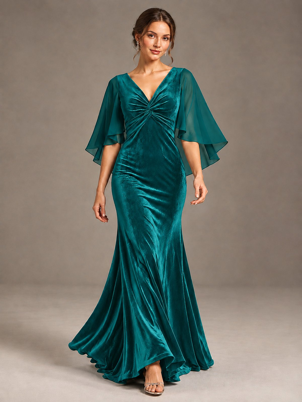Navy Blue Velvet V Neck Mermaid Formal Dress with Flutter Cape Sleeves