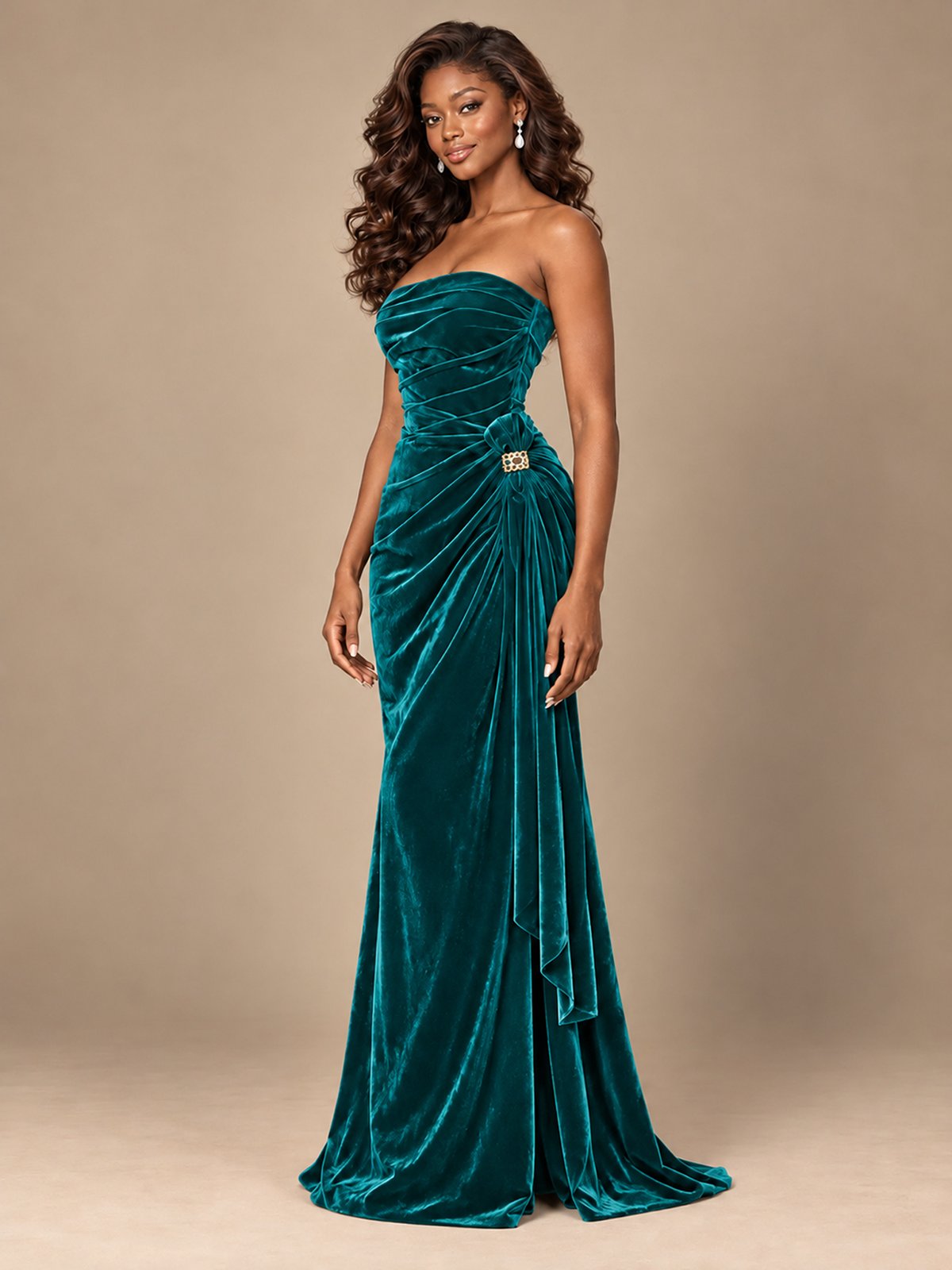Burgundy Velvet Strapless Ruched Prom Dress with Jeweled Side Drape