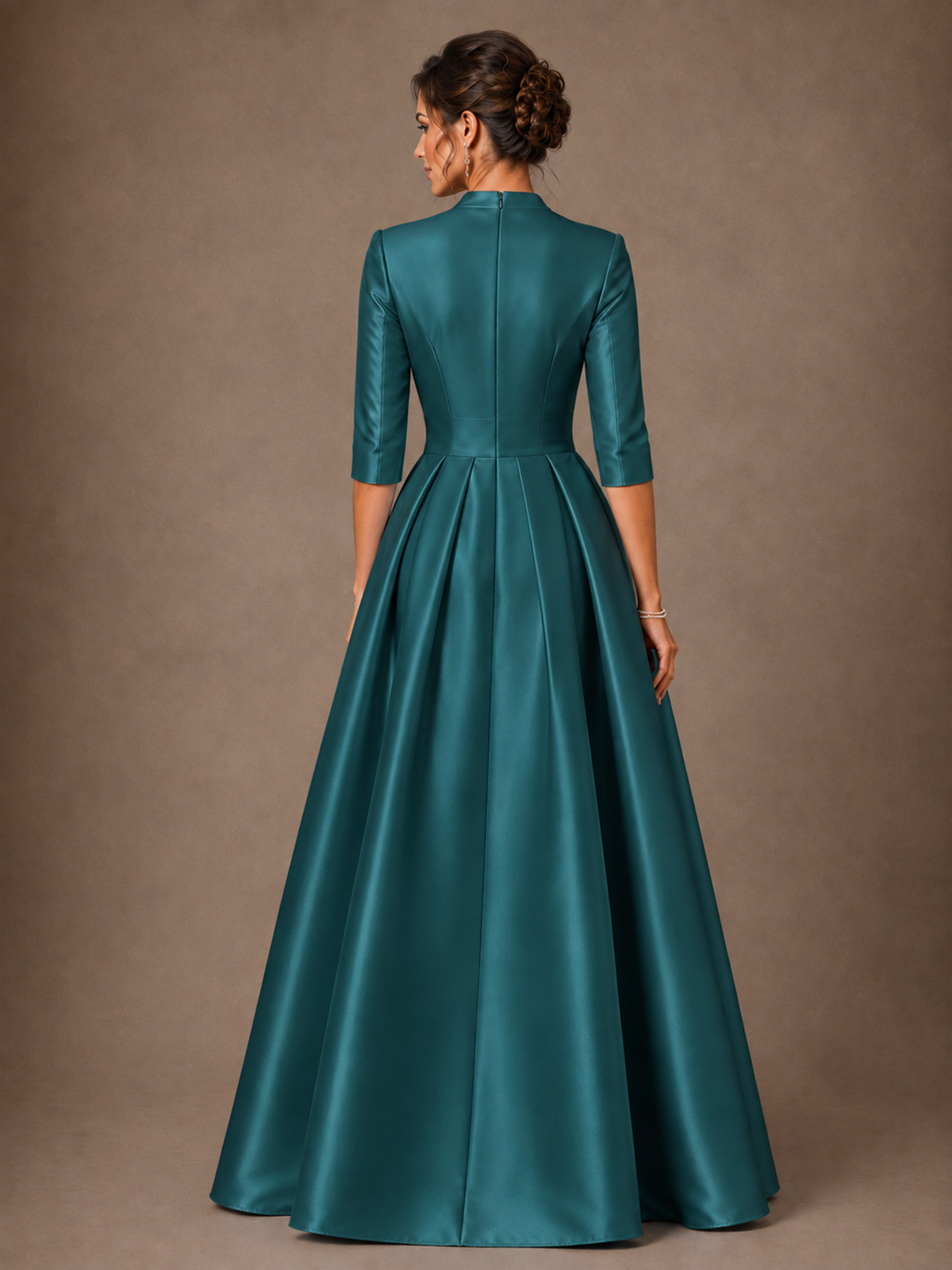 V-Neck Pleated Satin Mother of the Bride Gown with 3/4 Sleeves