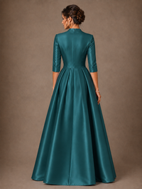 V-Neck Pleated Satin Mother of the Bride Gown with 3/4 Sleeves