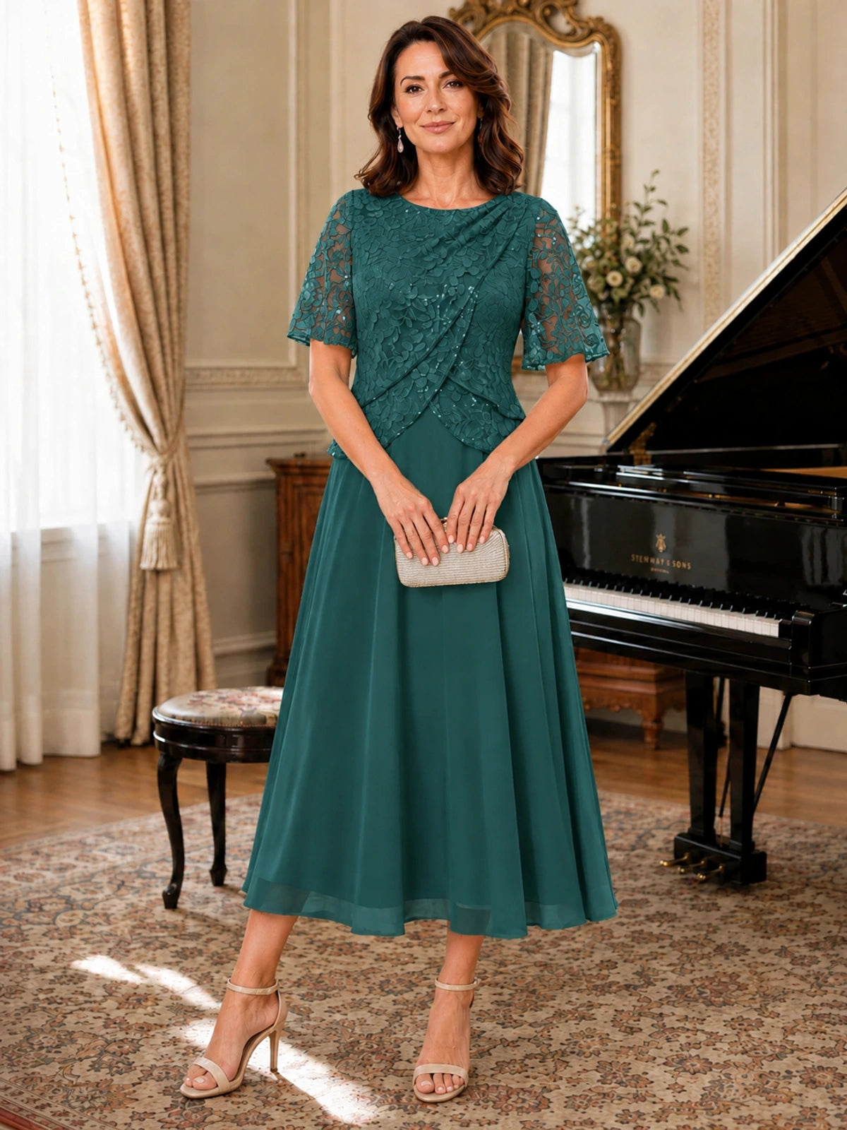 Tea-Length Chiffon Mother of the Bride Dress with Sequin Lace Sleeves