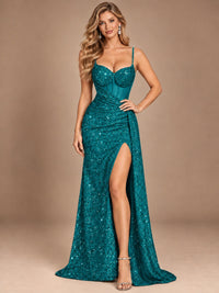 Burgundy Sequin Corset Prom Dress with High Slit