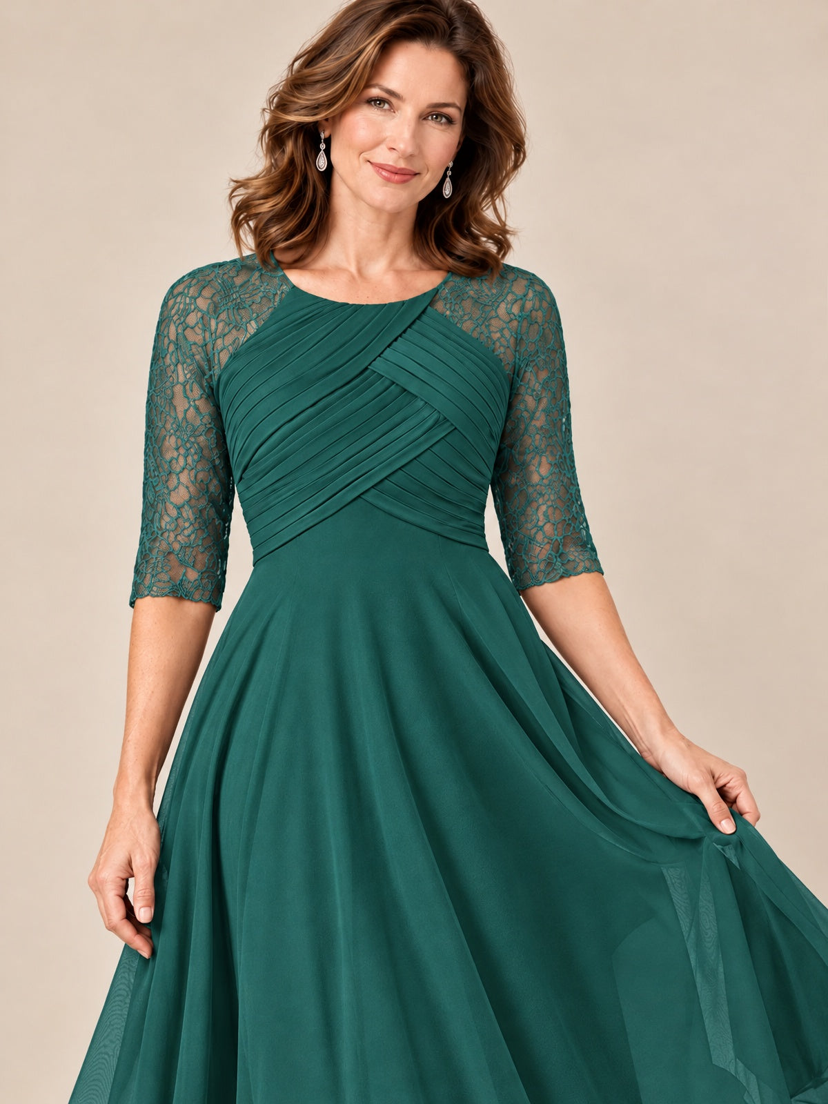 Tea-Length Mother of the Bride Dress with Lace 3/4 Sleeves