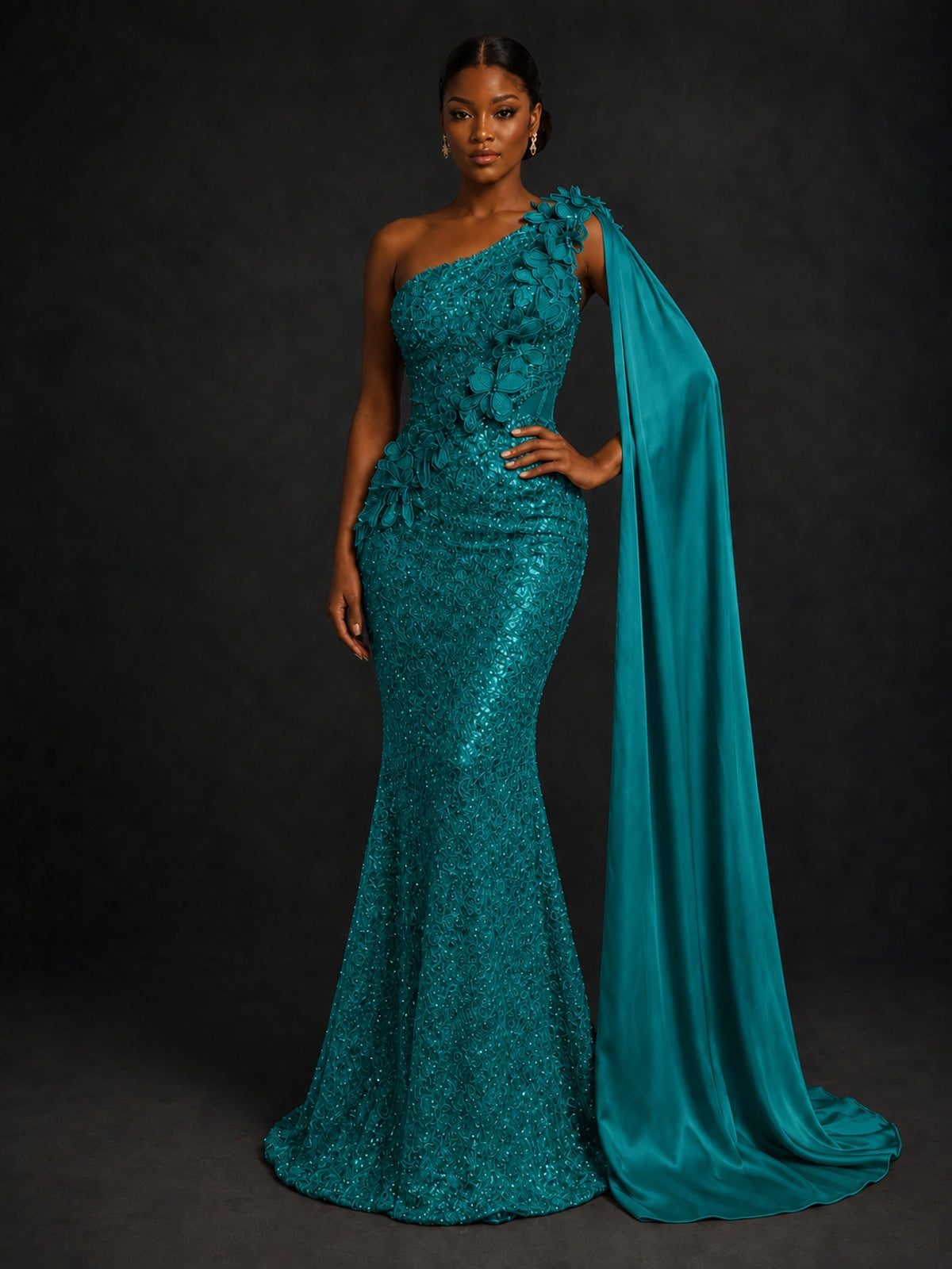 Gold Sequin One Shoulder Mermaid Prom Dress with Cape