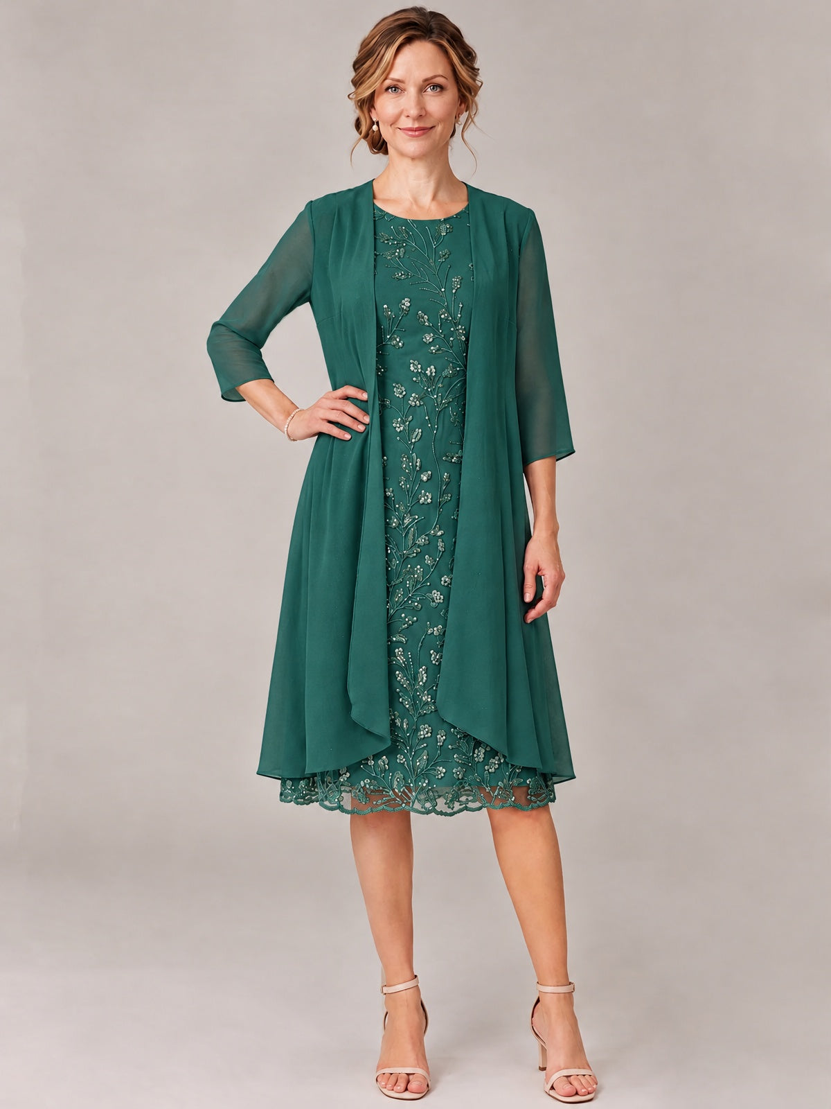 Tea Length Sequin Lace Mother of The Bride Dress with Chiffon Jacket
