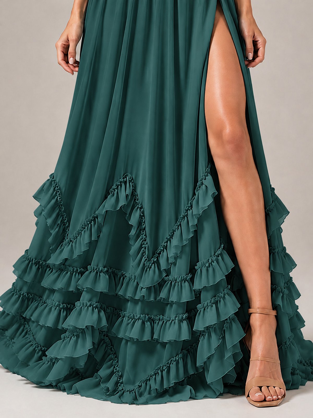 Halter V Neck Chiffon Formal Dress with Lace-Up Back and Ruffle Hem