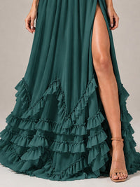 Halter V Neck Chiffon Formal Dress with Lace-Up Back and Ruffle Hem