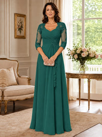 Chiffon Lace Applique Mother of the Bride Dress with 3/4 Sleeves