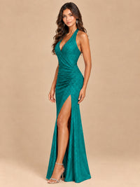Halter V-Neck Sequin Mermaid Prom Dress with High Slit