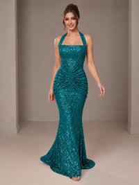 Gold Halter Sequin Mermaid Ruched Prom Dress Long Ruched Evening Gown