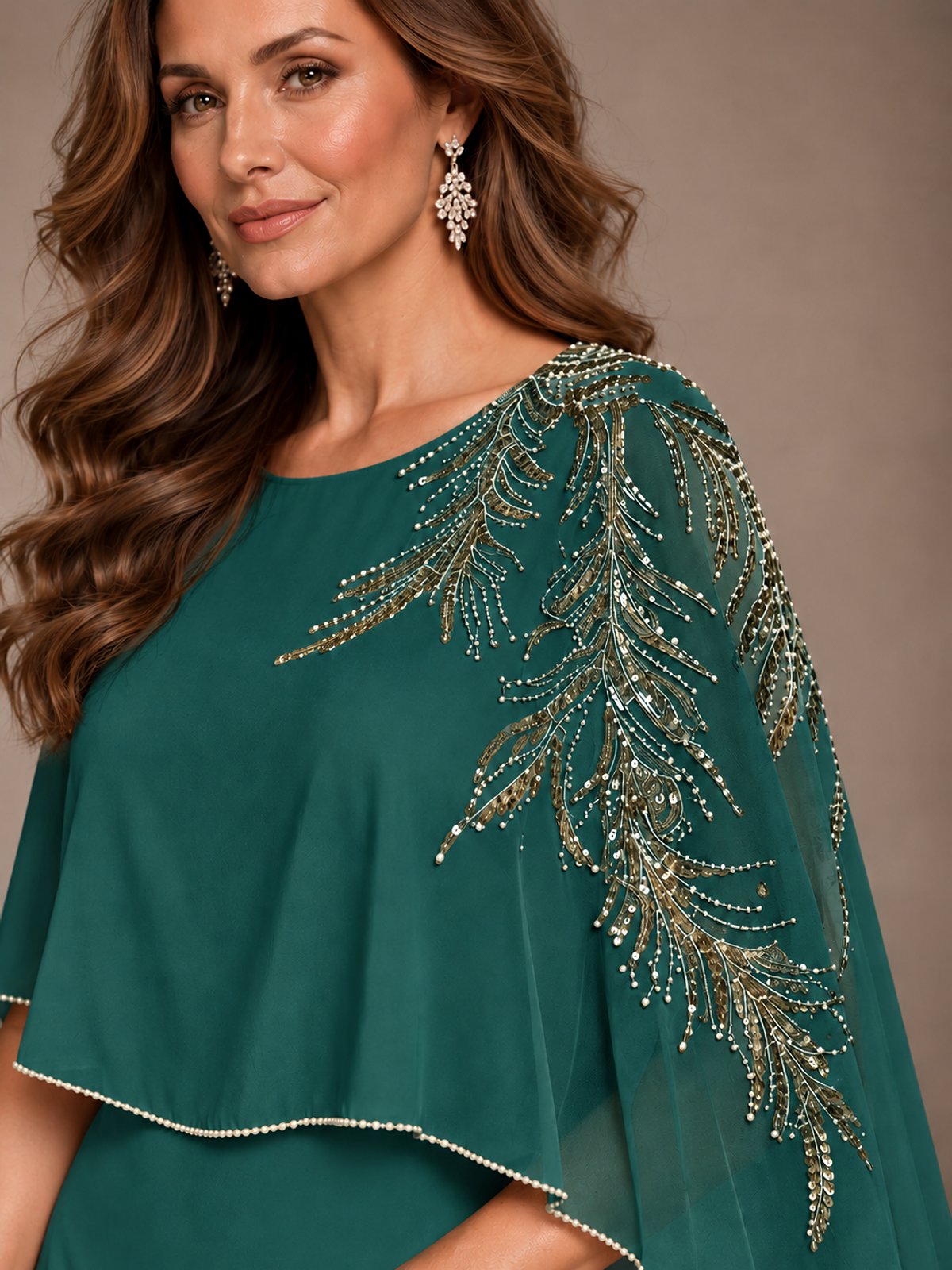 Elegant Chiffon Cape Sleeve Beaded Mother of the Bride Dress