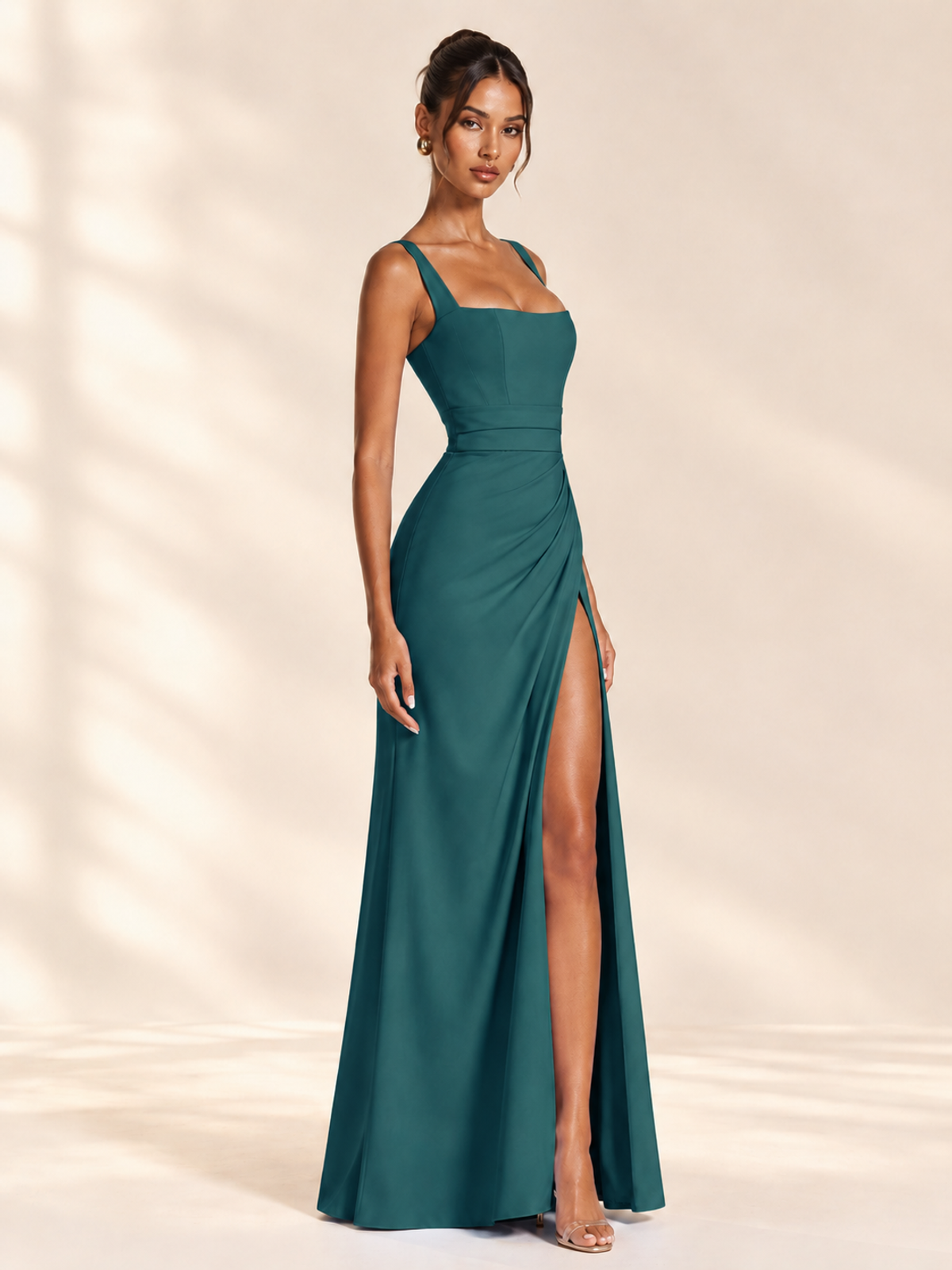 Square Neck Satin Sleeveless Ruched Prom Dress with High Slit
