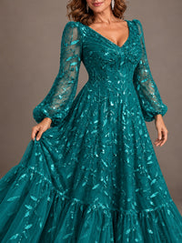 Floral Sequin Embroidered A-Line Mother of the Bride Dress with Long Sleeves