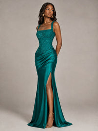 Scoop Neck Sequin Prom Dress with High Slit Satin Formal Gowns