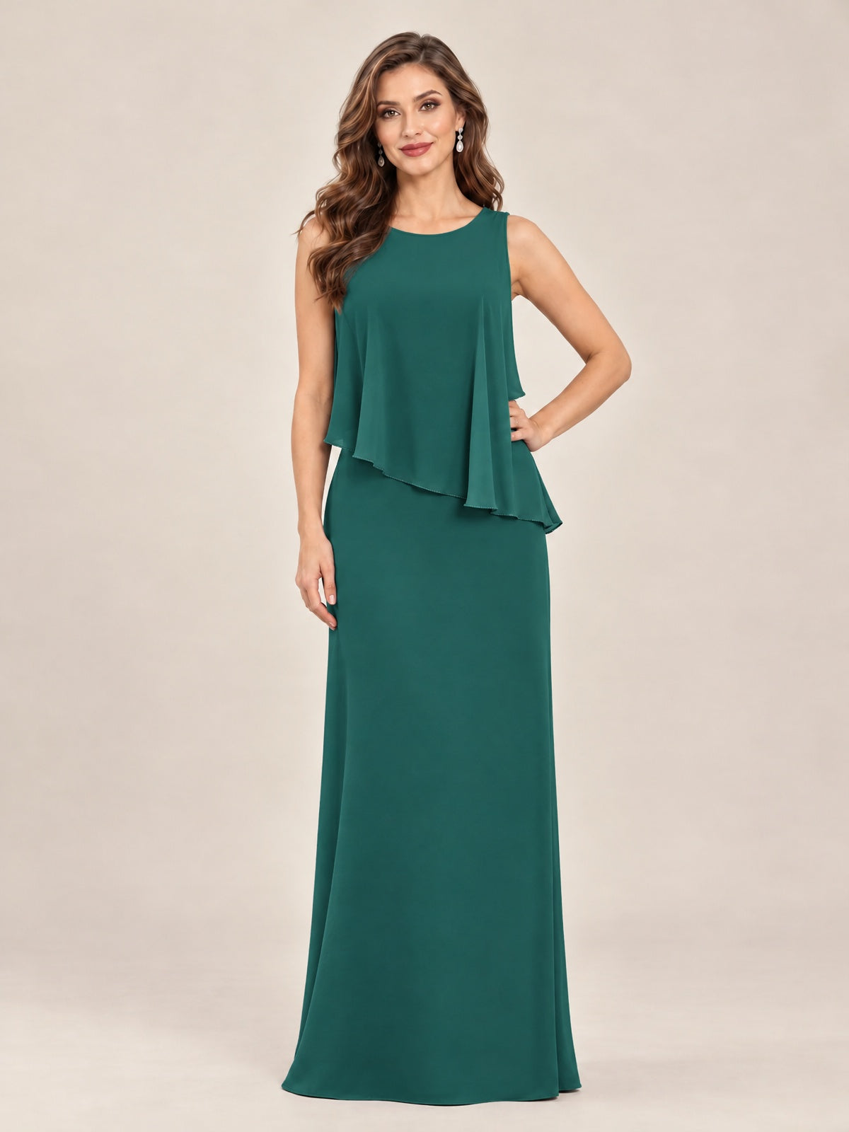 Cape Sleeve Mother of the Bride Dress with Asymmetrical Overlay