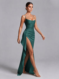 Square Neck Satin Long Prom Dress with Ruffles