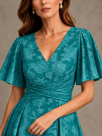 V-Neck Floral Jacquard Tea-Length Mother of the Bride Dress