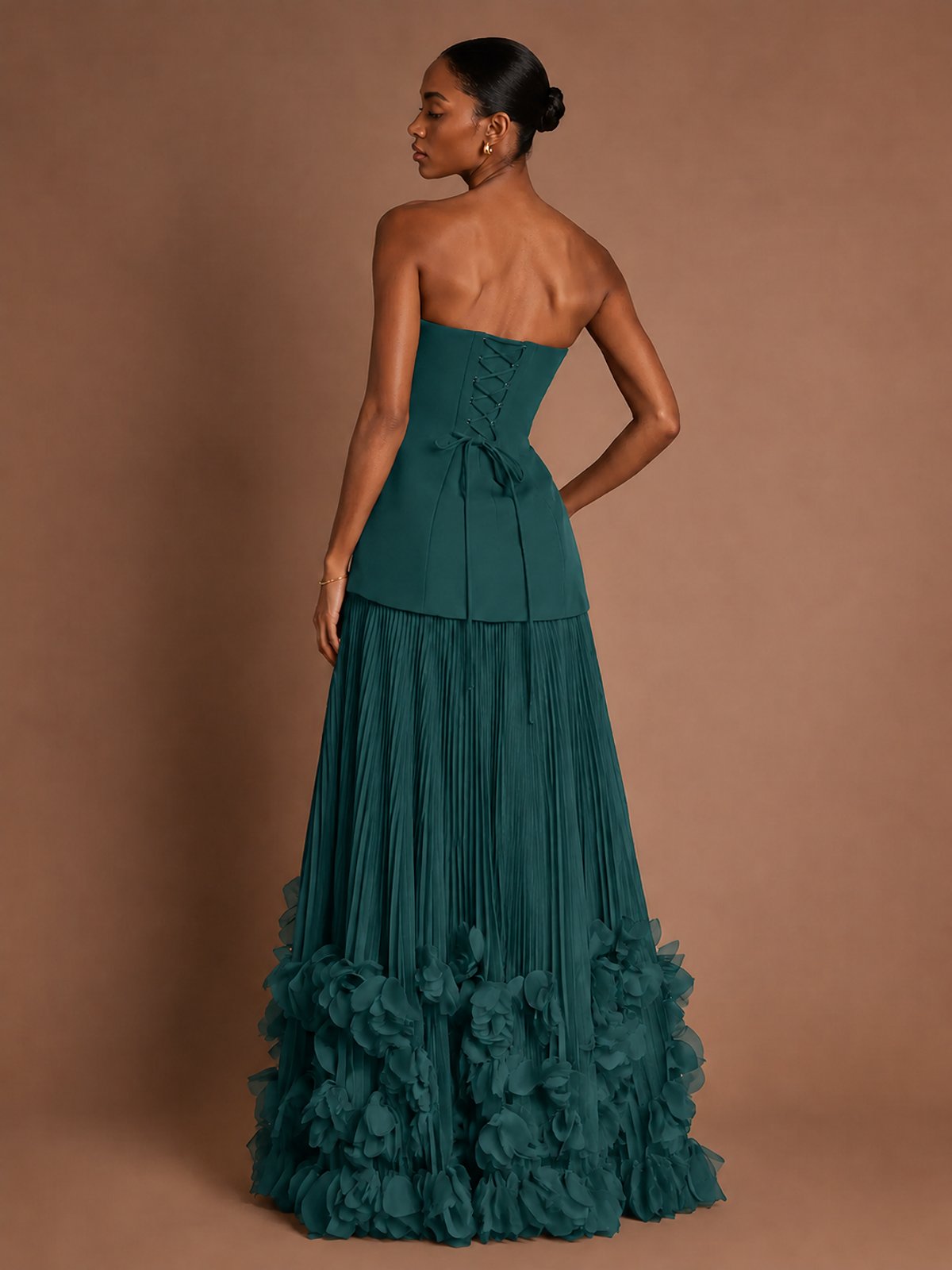 Strapless Pleated Floral Satin Formal Dress with Side Slit